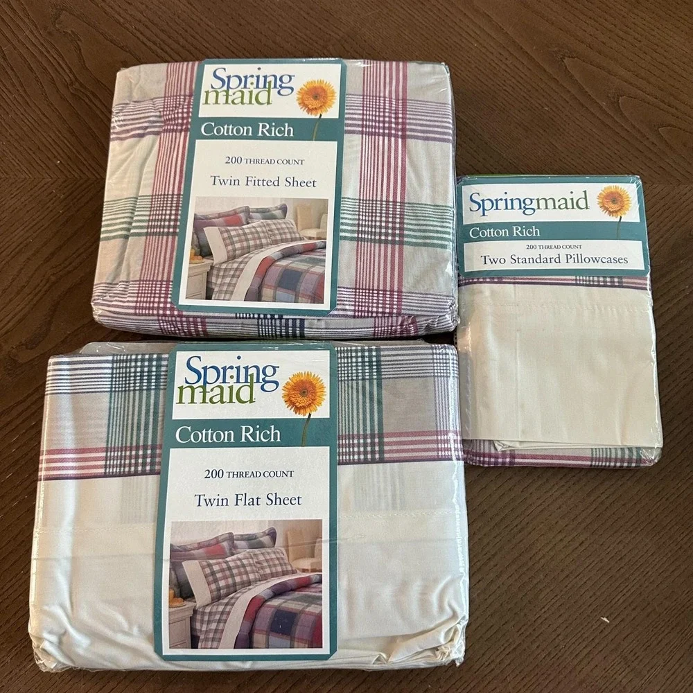 Vintage Springmaid Cotton Rich Twin Flat Sheet NEW Scotts Plaid Pink Green‎